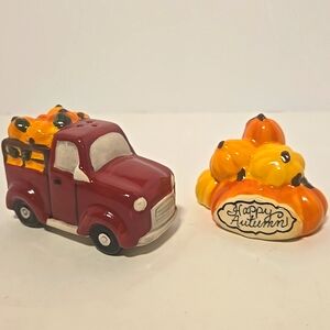 Blue Sky Happy AutumTruck & Pumpkins Salt & Pepper Shakers Fall Harvest